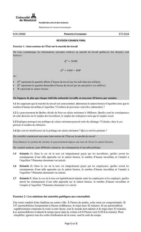 Exercices De R Vision Examen Final Ec N Page Sur Facult Des