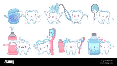 Cartoon Dental Care Teeth Cleaning With Toothpaste And Toothbrush