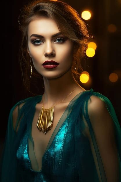 Premium Photo A Woman In A Blue Dress Stands In Front Of A Dark