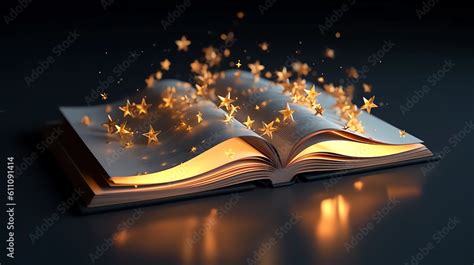 Magic book with glowing stars on dark background Stock Illustration ...