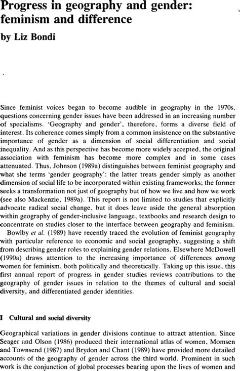 Progress In Geography And Gender Feminism And Difference Liz Bondi 1990