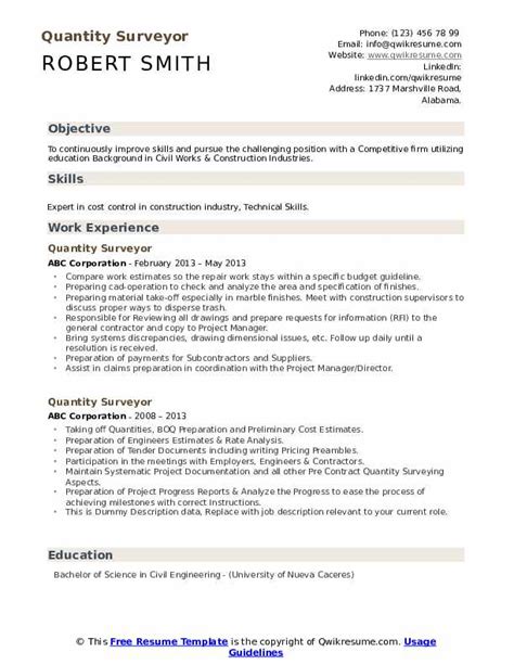 Quantity Surveyor Resume Samples | QwikResume