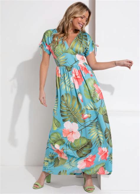 Vestido Longo Floral Turquesa Amarrações Queima de Estoque