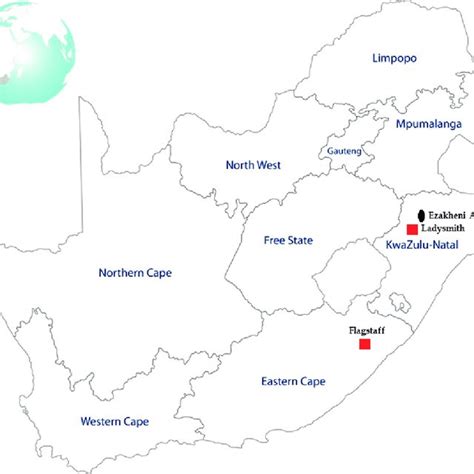 Map of South Africa showing the geographic locations of the farms where ...