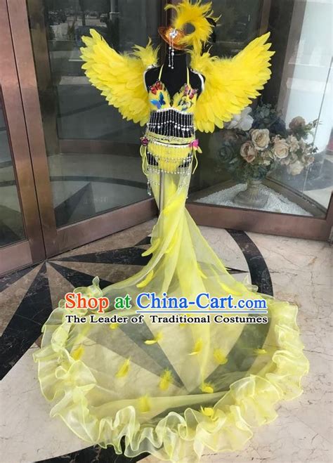 Top Grade Professional Performance Catwalks Costume Yellow Feather