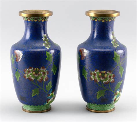 Lot Pair Of Japanese Blue Cloisonn Enamel Vases In Rouleau Form