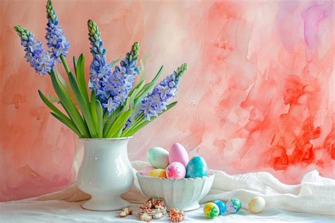 Colorful Easter Eggs With Blue Hyacinths In Vase On Pink Watercolor