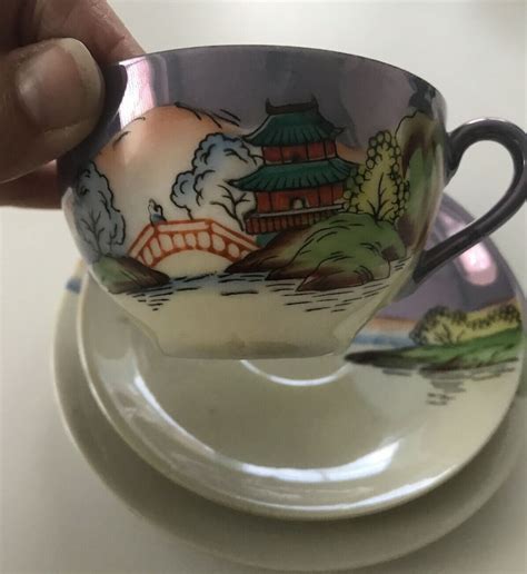 Vintage 1930s Japanese Bone China Cup Saucer Plate Painted Scene