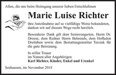 Traueranzeigen Von Marie Luise Richter Abschied Nehmen De