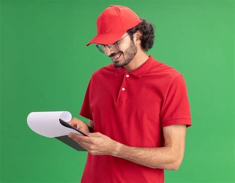 Sonriente Joven Repartidor Cauc Sico En Uniforme Rojo Y Gorra Con Gafas