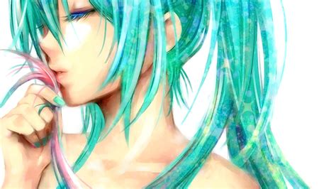 デスクトップ壁紙 長い髪 目を閉じた アニメの女の子 黒髪 ボーカロイド 初音ミク 口 アクアヘア 衣類