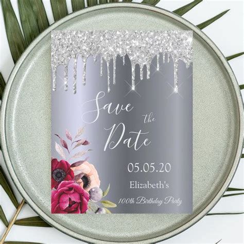 100th Birthday Silver Glitter Drips Save The Date Postcard Zazzle Save The Date Postcards