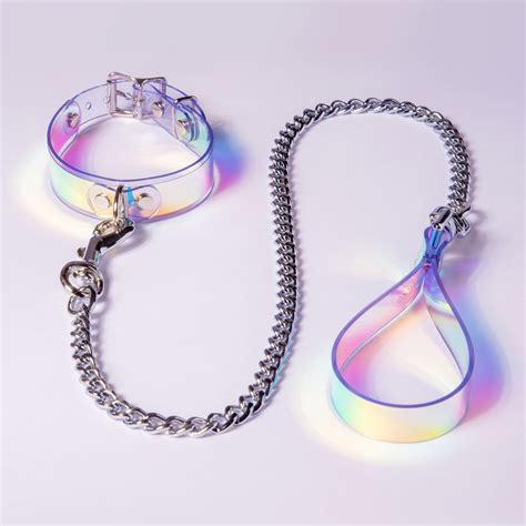 Apatico Holographic Chain Leash And Collar Set Iridescent Clear Pvc