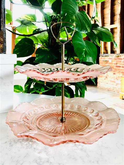 Pink Glass Cup Cake Display Cake Stand By Davidson Art Etsy Pink Glass Cake Stand