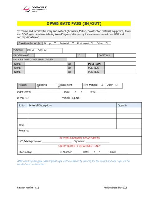 Templet 1 Department Materials Gate Pass Form 1docx Pdf