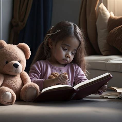 Una niña pequeña está leyendo un libro con un osito de peluche en el