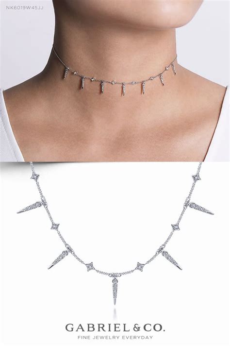 14k White Gold Alternating Diamond Spike Fashion Necklace Diamond