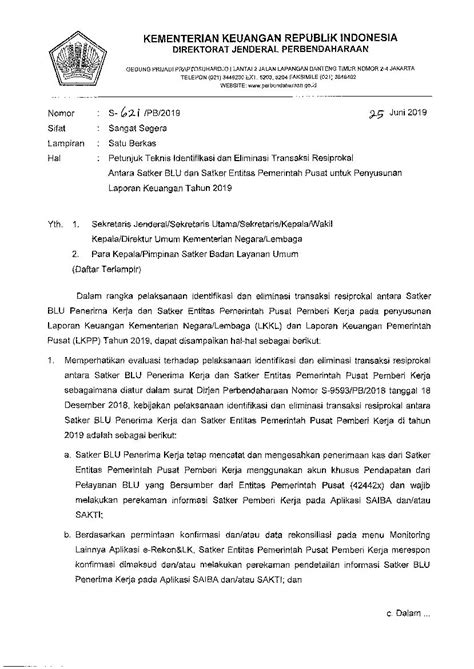 Surat Dirjen Perbendaharaan No S 621 PB 2019 Tahun 2019 Tentang