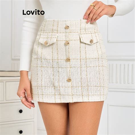 Lovito Elegante Saia Feminina Xadrez Metal Bolso E O Frontal