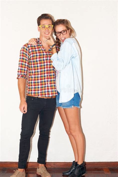 Goofy Portrait Of Hipster Couple Funny Face With Glasses And Gen Z