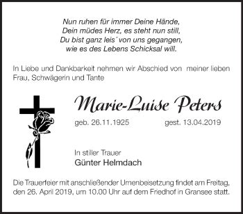 Traueranzeigen von Marie Luise Peters Märkische Onlinezeitung