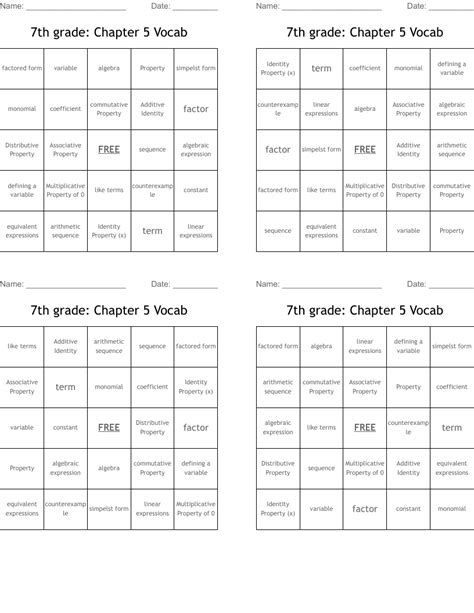 7th Grade Chapter 5 Vocab Bingo Cards Wordmint