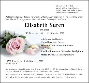 Traueranzeigen Von Elisabeth Suren Noz Trauerportal