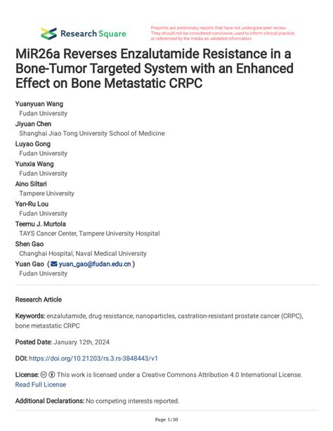 PDF MiR26a Reverses Enzalutamide Resistance In A Bone Tumor Targeted