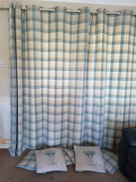 Dunelm 2 Pairs Curtains 90 In X 90 In Duck Egg Blue Check Cushion