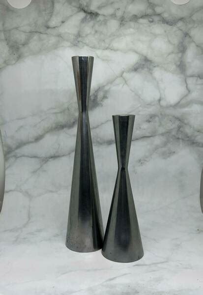 Pair Asymmetric Stainless Steel Modernist Style Candle Holders Brushed