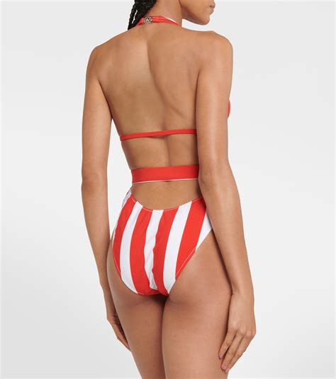 Portofino Striped Halterneck Swimsuit In Multicoloured Dolce Gabbana