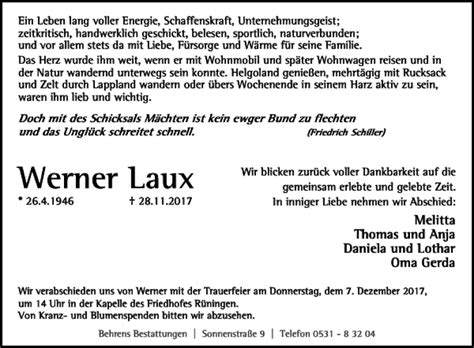 Traueranzeigen Von Werner Laux Trauer38 De