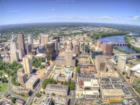 Downtown Hartford Connecticut Skyline Seen In Summer By Drone Stock