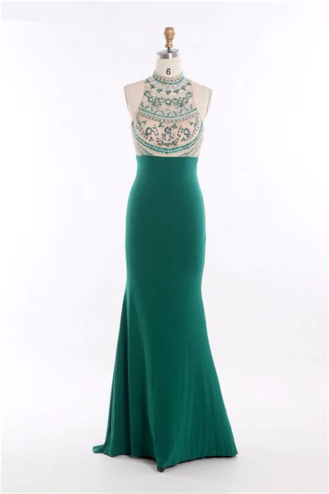 Fitted High Neck Emerald Green Jersey Tulle Beaded Prom Dress