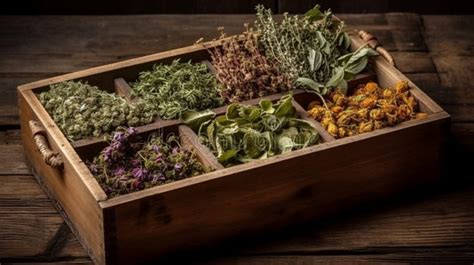 Healing Herbs In Wooden Box On Table Herbal Medicinal Ingredients Stock Illustration