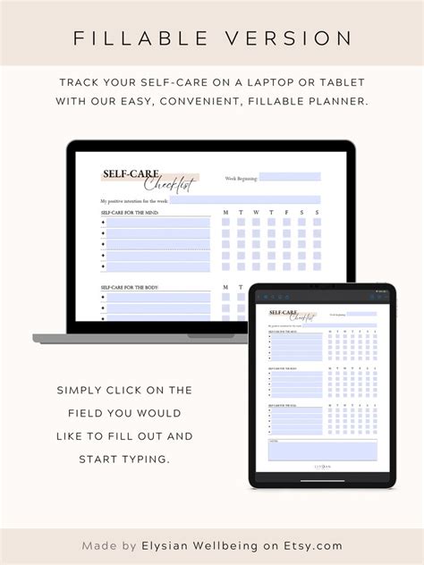 Weekly Self Care Checklist Printable Fillable Pdf Mind Etsy