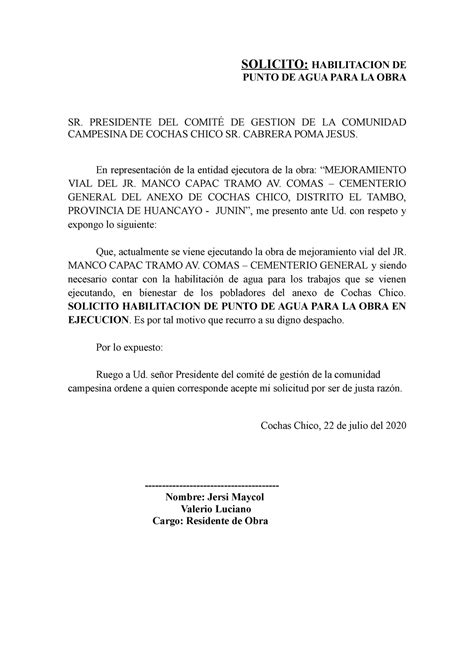 Solicitud PARA AGUA Documentación SOLICITO HABILITACION DE PUNTO