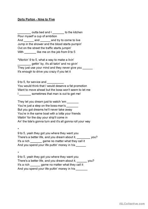 Dolly Parton Nine To Five General… English Esl Worksheets Pdf And Doc