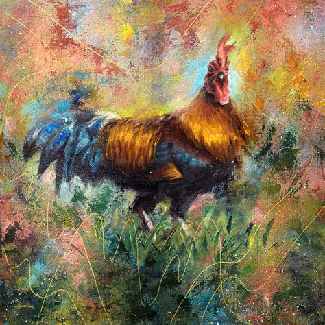 Colorful Oil Painting Art on Canvas Original Rooster - ART