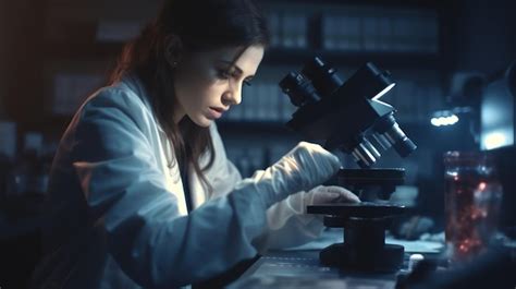 Premium Ai Image A Woman In A Lab Coat Looks Through A Microscope