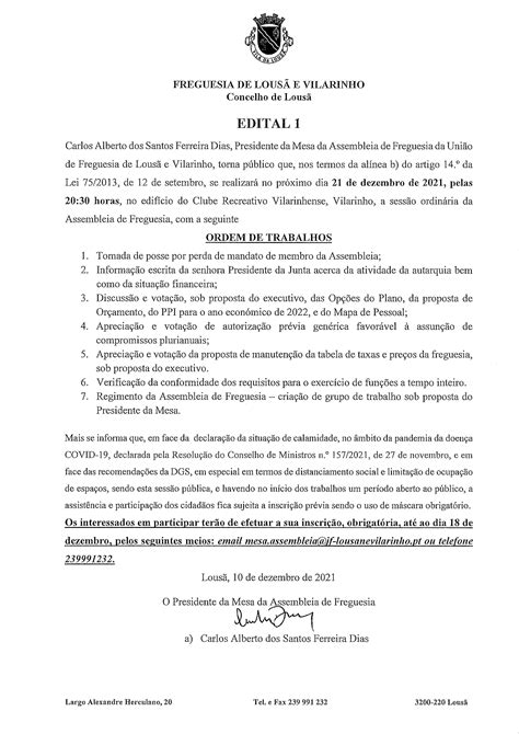 EDITAL Nº1 SESSÃO ORDINÁRIA DA ASSEMBLEIA DE FREGUESIA 21 12 2021