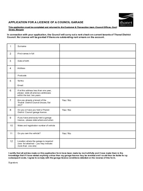 Fillable Online Garage Application Form 1 Thanet District Council