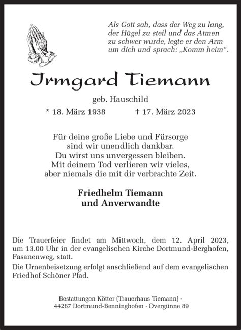 Traueranzeigen Von Irmgard Tiemann Sich Erinnern De