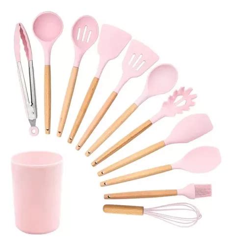 Set De Utensilios De Cocina Silicona Mango De Madera Cuotas Sin Inter S