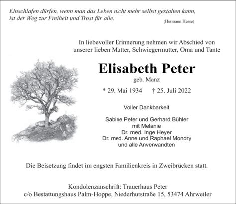 Traueranzeigen Von Elisabeth Peter Saarbruecker Zeitung Trauer De