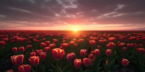 Premium AI Image | Amazing landscape with tulips on the sunset