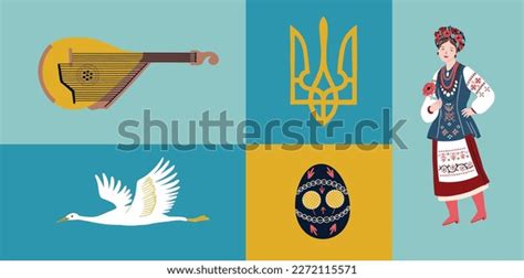 Ukrainian Collection National Symbols Bandura Crane Stock Vector