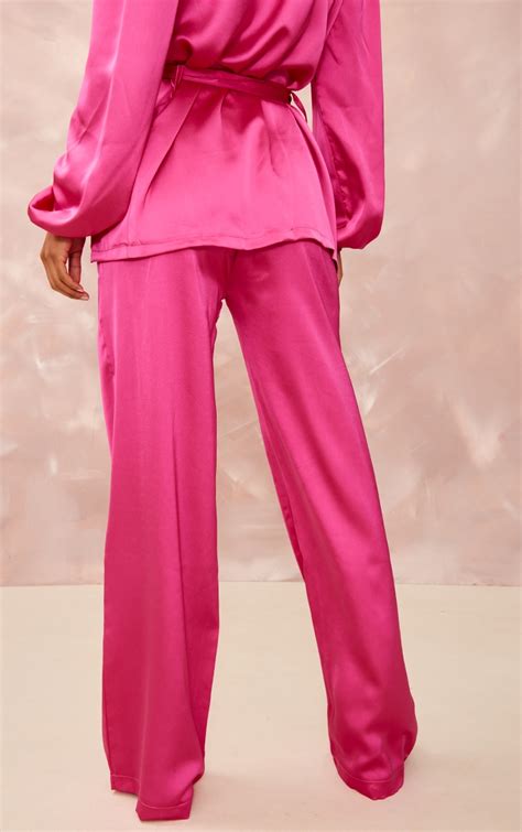 Bright Pink Satin Wide Leg Trousers Co Ords Prettylittlething Ire