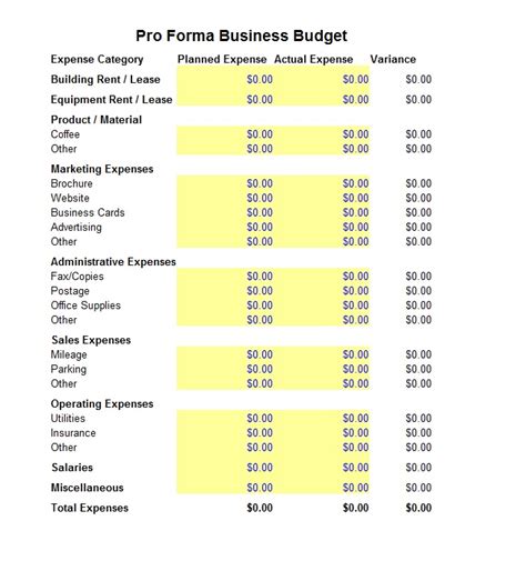 Business Budget Pro Forma ~ Template Sample