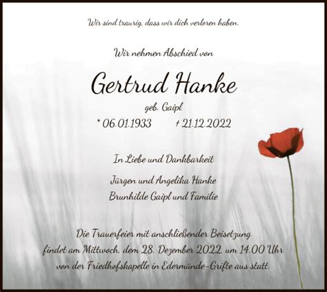 Traueranzeigen Von Gertrud Hanke Trauer HNA De